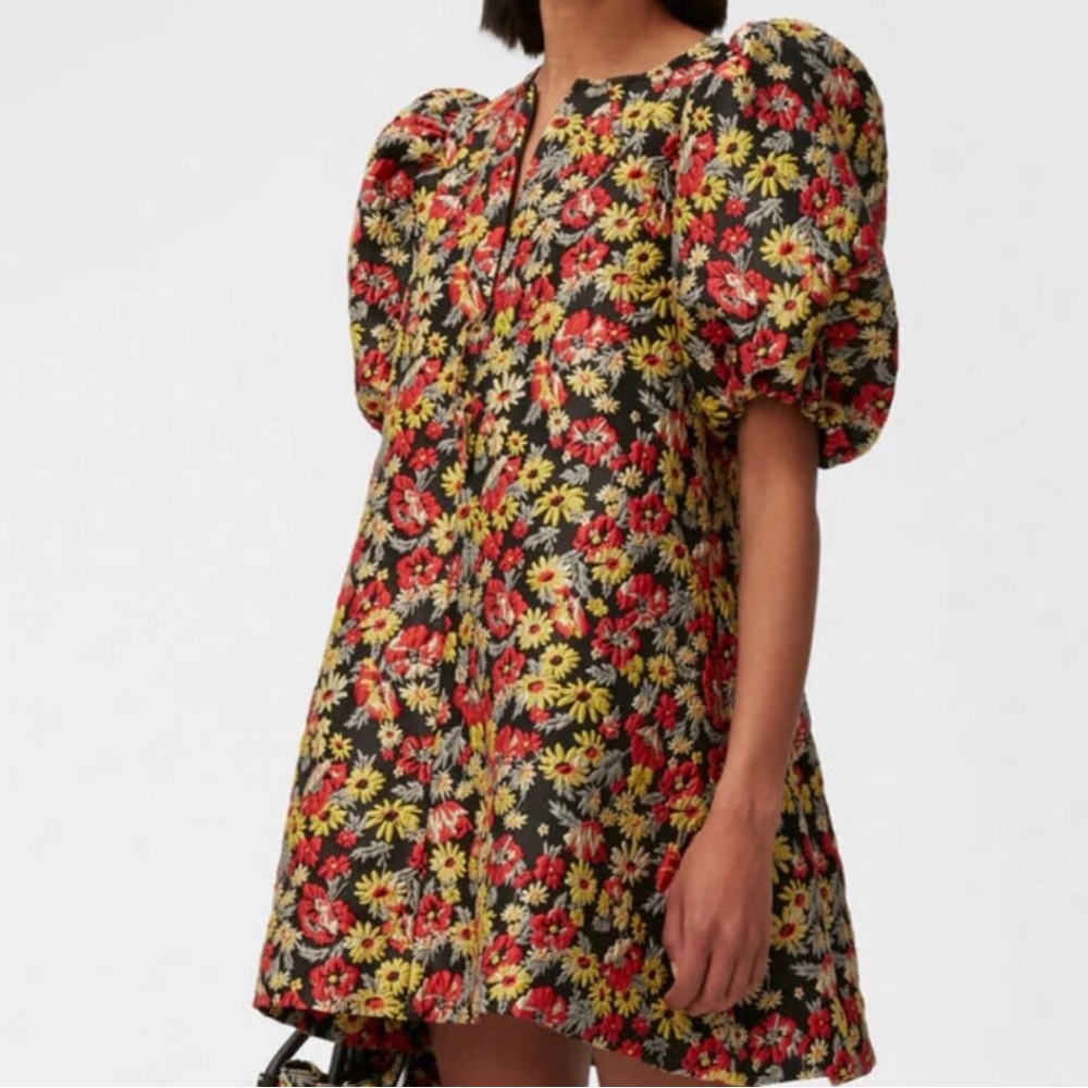 Ganni Black Floral Mini Dress with Puff Sleeves